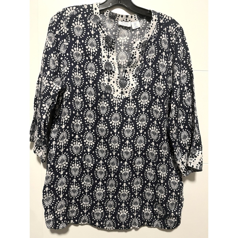 Sigrid Olsen Tunic Top Split Neck Sz M 100% Linen Navy White 3/4 Sleeve Bohemian